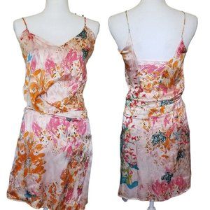 Adele Fado Pastel Pink‎ Watercolor Floral Satin Silk Dress Spaghetti Strap Small
